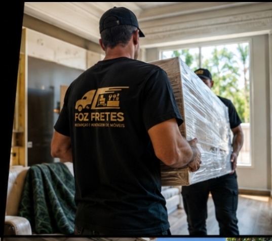Profissionais uniformizados da Foz Fretes transportando um móvel com cuidado em uma residência